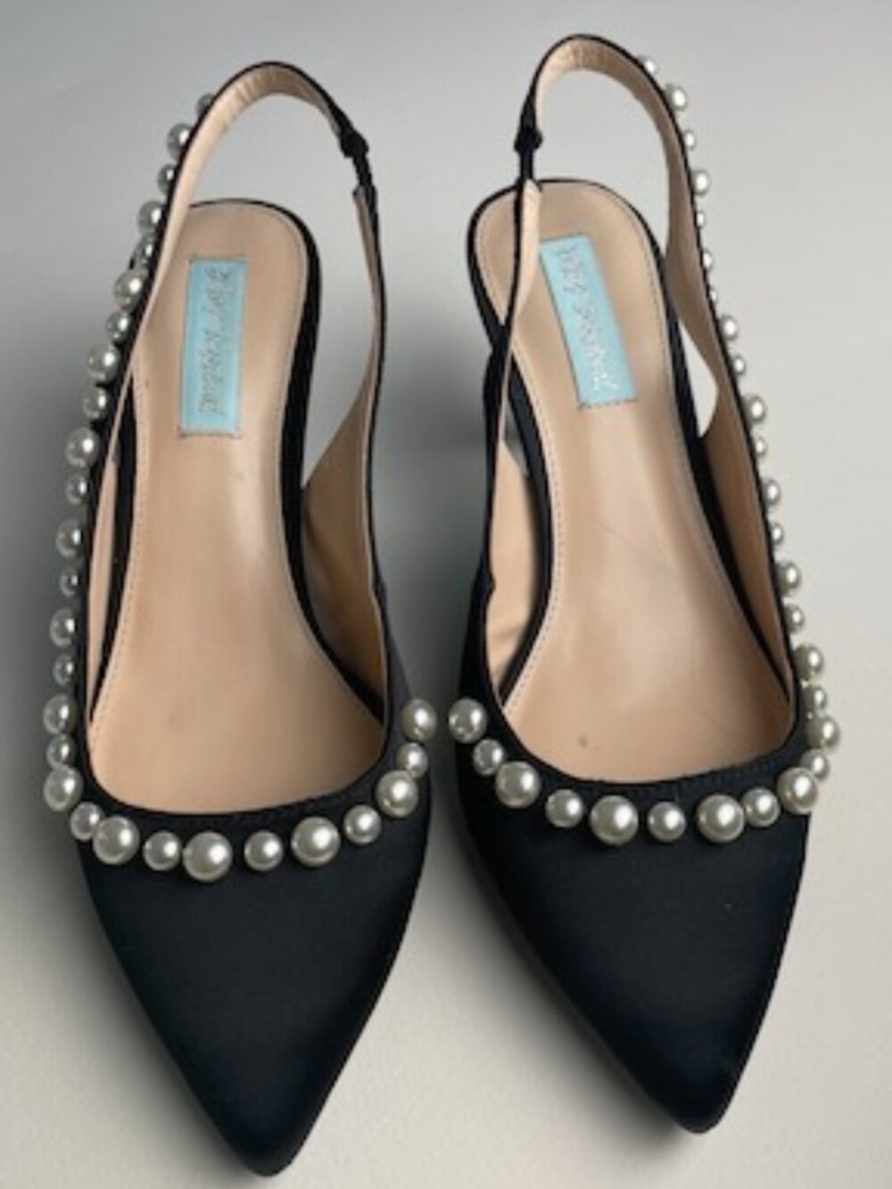 Betsy Johnson Something Blue Collection Black Kitten Heels with Pearls